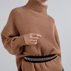 Zara chunky knit wool blend turtleneck sweater camel tan